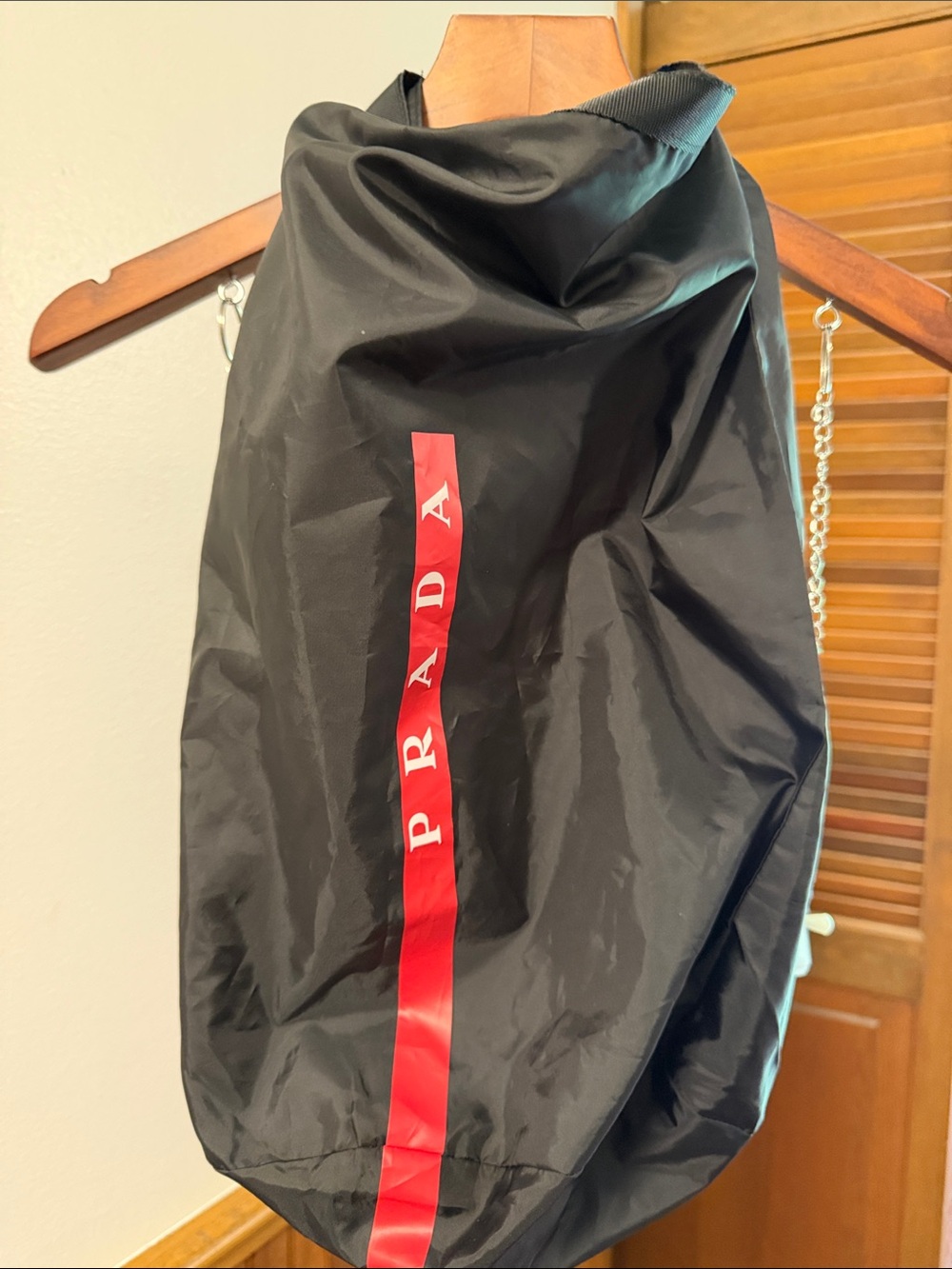Prada Black Nylon Drawstring Dust Bag with Vertical Red Logo